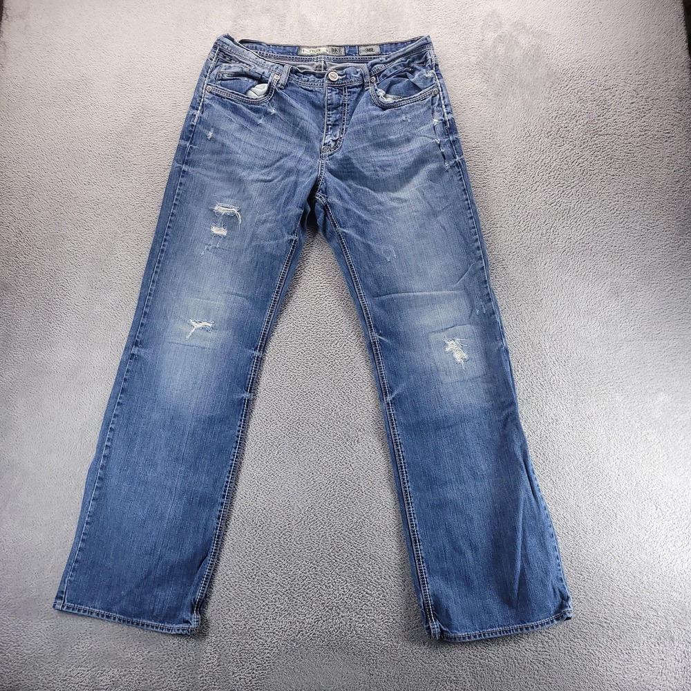 BKE Tyler Jeans Mens 36x34 Blue Relaxed Bootcut Medium Wash Distressed Denim